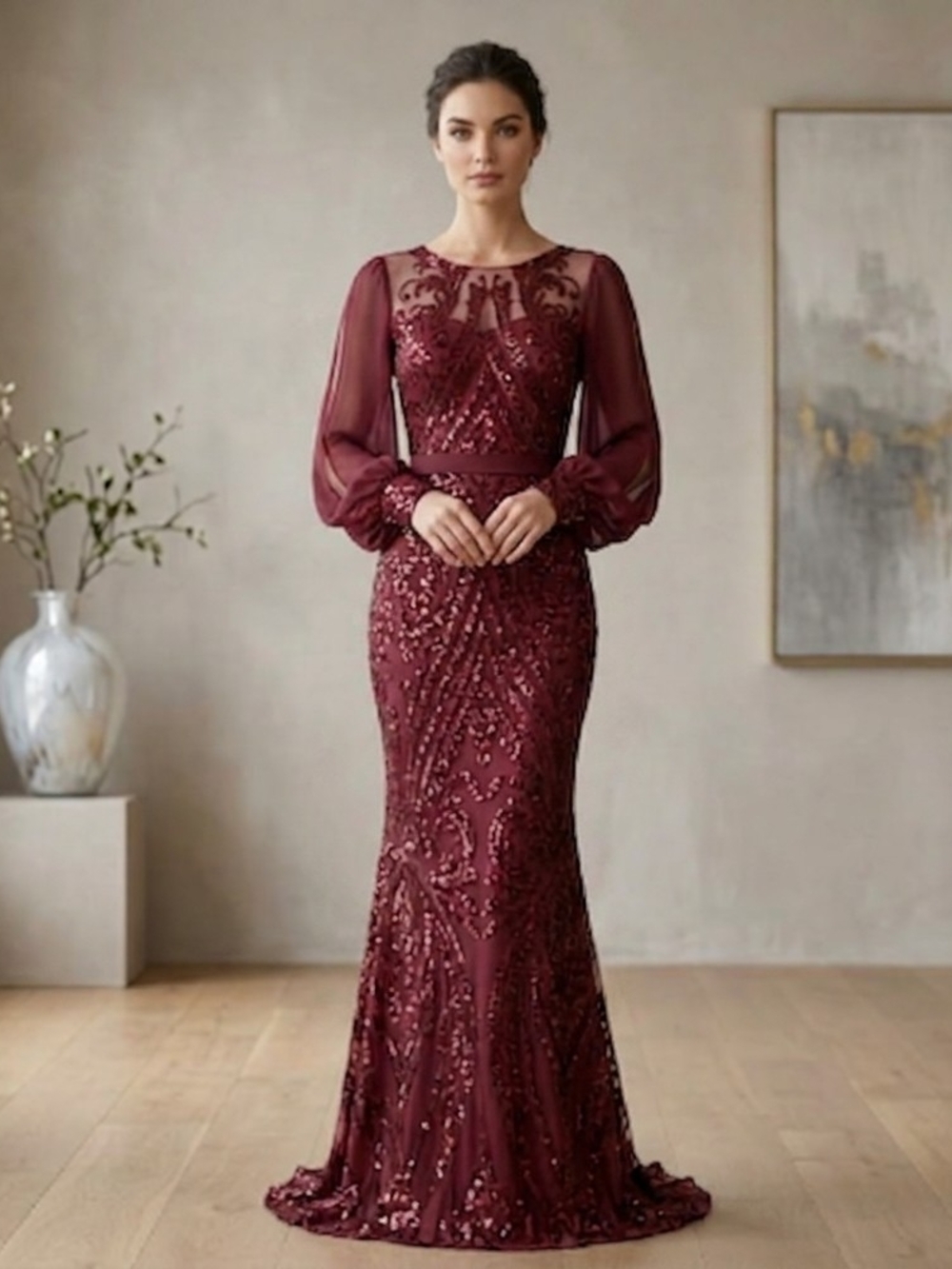 New Women's Burgundy Sequined Long Sleeve Evening Formal Dress Medium